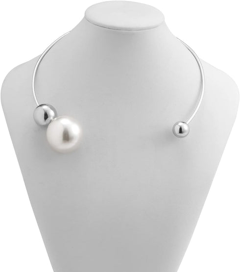 Metal Big Pearl Open Choker Necklace Adjustable Silver Big Pearl Choker Necklaces for Women Round Open Cuff Necklace Elegant Cuff Collar Necklace ...