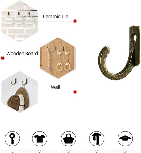 58 Pieces Wall Mounted Hook, Steel Small Coat Hooks, Bronze Single Hanger for Jewelry, Key, Hat, Kitchen Towel Little Hook with Black Screws for F...