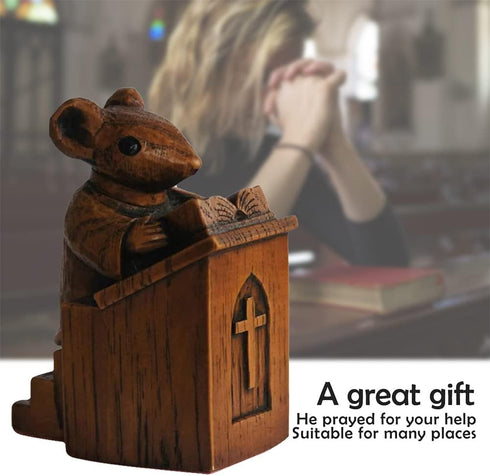 Church Mouse Statue, Wooden Church Mouse in The Pulpit Collectible Figurine for Home and Office Desktop Decor, Mouse Ornament On The Pulpit Sculpt...