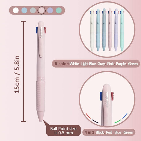 6PCS Multicolor Ballpoint Pen, 4-in-1 Smooth Retractable Ink Pens with Pen Clip, 0.5mm Fine Point Pen for Office School Supplies Students Classroo...