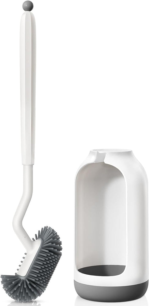 HAMITOR Toilet Bowl Brush Holder Set: Deep Cleaning Silicone Toilet Cleaner Scrubber Under Rim with Curved Bristle for Bathroom Dead Corner Clean ...