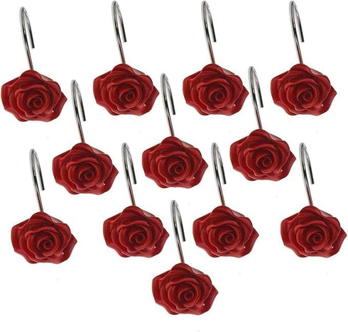 12 PCS Home Fashion Decorative Anti Rust Shower Curtain Hooks Rose Design Shower Curtain Rings Hooks (RED)...