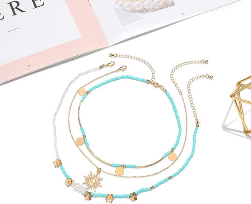 Boho Layered Sun Necklaces Gold Neck Chain Turquoise Necklaces Chains Pearl Pendant Necklace Jewelry Summer Beach Necklace Accessories for Women...