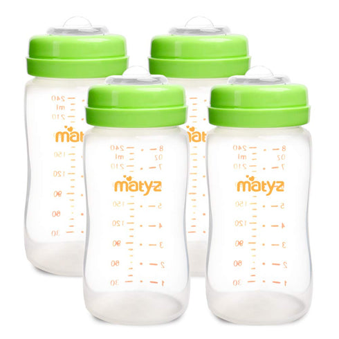 Matyz 4-Pack Breastmilk Storage Bottles with Lids (Green, 8oz Each) - Wide Mouth Breastmilk Collection Storage Bottle - Leakproof Breast Pump Bott...