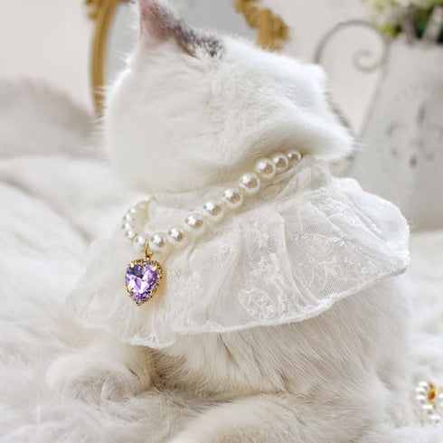 Pearl Collar for Cats Pearl Dog Collar Heart Shape Rhinestone Necklaces for Small Dogs Collar Accessories Cat Pearl Collar (Large, Violet)...