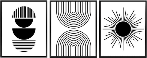 Set of 3 Boho Mid Century Prints, Black and White Art, Geometric Wall Décor 8x10 Unframed...