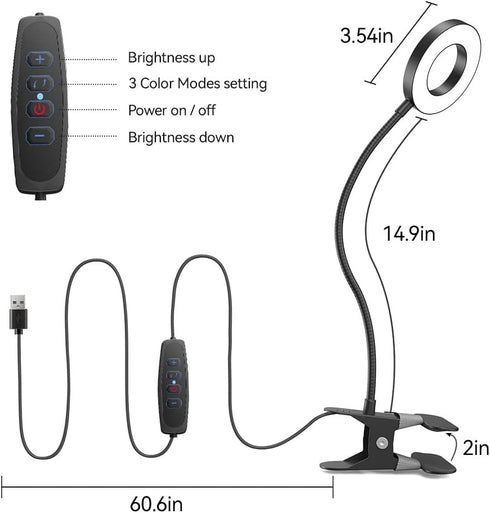 LED Desk Lamp Clip on Light with 3 Color Modes 10 Brightness Ring/Clamp Light 360° Flexible Gooseneck Dimmable Eye Protection Desk Light Desk Lamp...