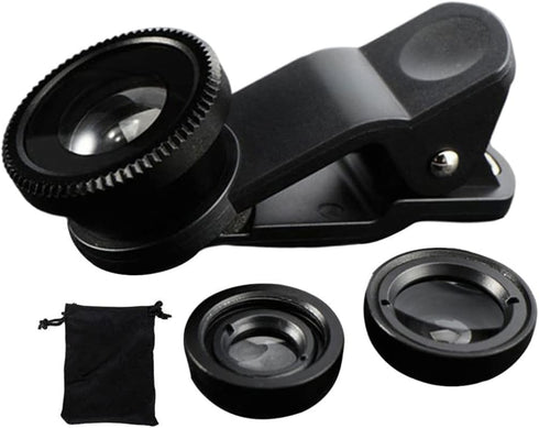 1Pc Black Fisheye Lens iPhone 3 in 1 Wide Angle Fish Eye Macro Lenses Clip-on Universal Lens Phone Lens Kit for Photo and Video Accessories with M...