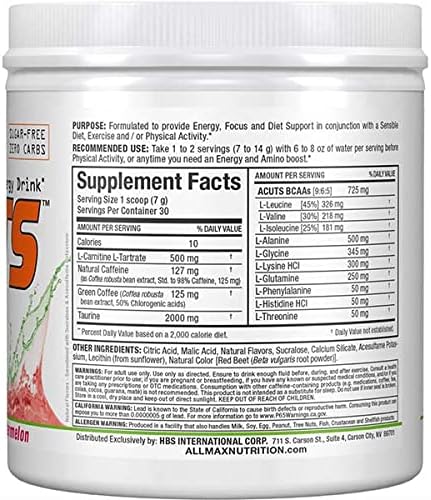 ALLMAX Nutrition AMINOCUTS (ACUTS), Amino-Charged Energy Drink with Taurine, L-Carnitine, Green Coffee Bean Extract, Watermelon, 30 Servings...