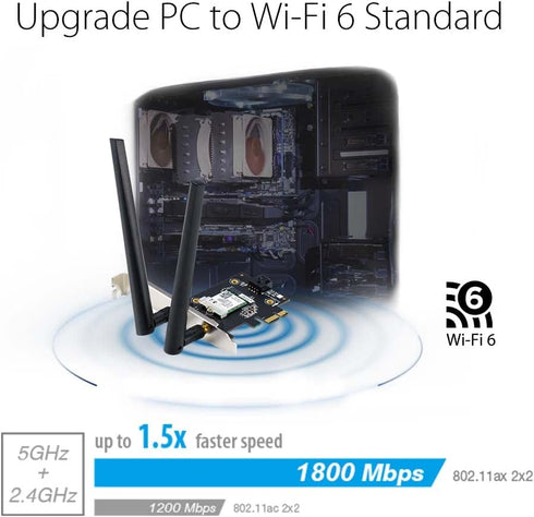 ASUS AX1800 PCIe WiFi Adapter (PCE-AX1800) - WiFi 6, Bluetooth 5.2, Ultra-Low Latency Wireless, 2 External Antenna, Supporting Total Data Rate up ...