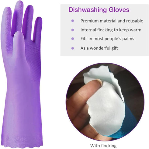 Alimat PluS 4PCS Reusable Cleaning Gloves Latex Free, Dishwashing Gloves with Cotton Flock Liner and Embossed Palm, Waterproof Household Rubber Gl...