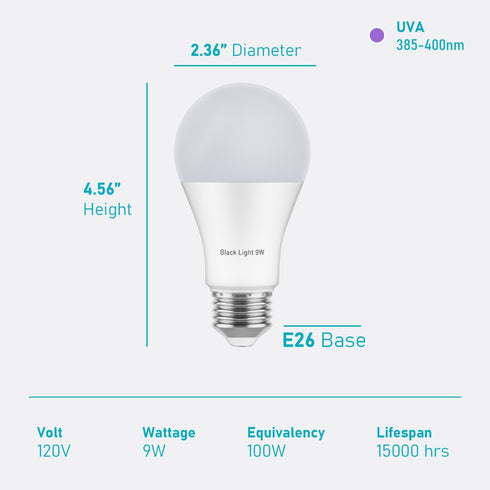 Black Light Bulb 9W(100W Equivalent), LED UV Light Bulb Glow in The Dark, UVA Level (385-400nm), E26 Medium Base, Non-Dimmable, 1 Pack...
