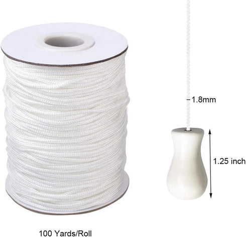 Vtete 1.8 mm × 100 Yards/Roll White Braided Lift Shade Cord + 4 Pcs White Wood Pendant for Aluminum Blinds Windows, Roman Shade Repair, Gardening ...