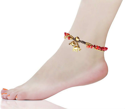 Handmade Red Carnelian Stone Elephant Charm Brass Beads Anklets Bracelet 10 Inches...