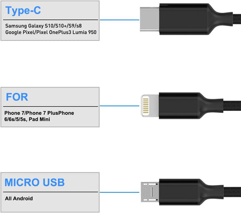 Multi 3 in 1 USB Long iPhone Charging Cable, 3M/10Ft Nylon Braided Universal Phone Charger Cord USB C/Micro USB/Lightning Connector Adapter for An...