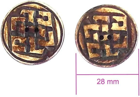 Decorative and Unique Handmade Natural Bone Buttons - Antique Brown - 28mm - Round Aztec Design - 2 pcs/pk. #1943...