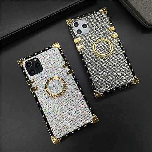 for iPhone 12 Pro Max 6.7" Bling Case Luxury Box Trunk Design Glitter Cute Gold Corner Soft TPU Cover with Ring Kickstand Holder Phone Skin,Gray...