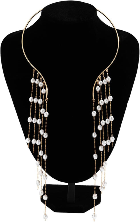 Metal Pearl Open Choker Necklace Adjustable Gold Pearl Choker Necklaces for Women Round Open Cuff Necklace Elegant Cuff Collar Necklace Statement ...