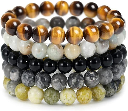 BOMAIL 5PCS Semi-Precious Gemstone Bracelet - Healing Crystal Stone Beaded Bracelets for Women Men 8mm Round Beaded Stretch Bracelets Unisex Yoga ...