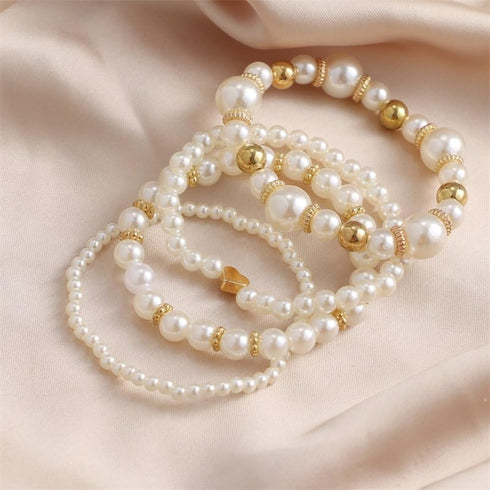 Fuqimanman2020 Chunky Simulated Pearl Stackable Stretch Bracelet Set Beaded Ball Adjustable Multilayered Elastic Bangles for Women Wedding Jewelry...