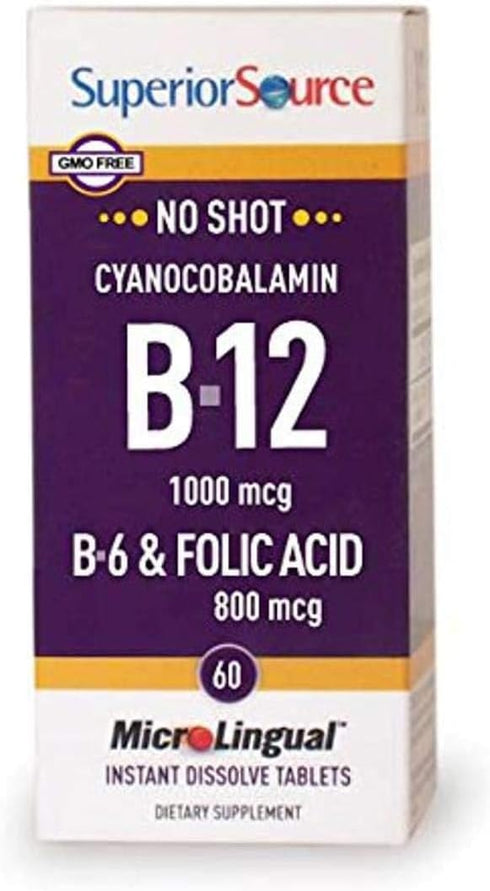 Superior Source No Shot Vitamin B12 Cyanocobalamin (1000 mcg), B6, Folic Acid, Quick Dissolve MicroLingual Tablets, 60 Count, Increase Energy, Hea...