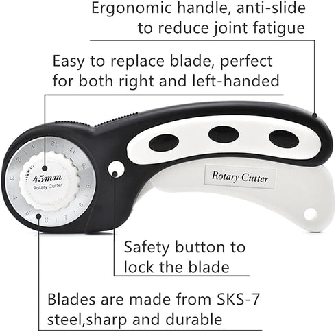 45mm Rotary Cutter with 7pcs Replacement Blades, Ergonomic Handle Rolling Cutter with Safety Lock for Fabric, Leather, paper, Crafting, sewing, Qu...