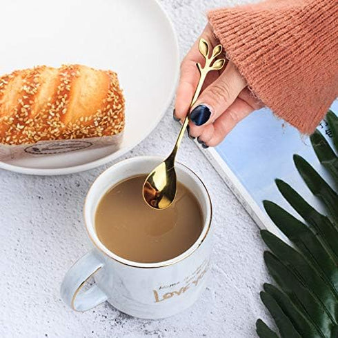 2 Pack Stainless Steel Leaf Coffee Spoon Tableware Dessert Spoons, Stirring, Mixing, Sugar, Stir, Ice Cream, Cake, Teaspoon 4.7 inch Gold...