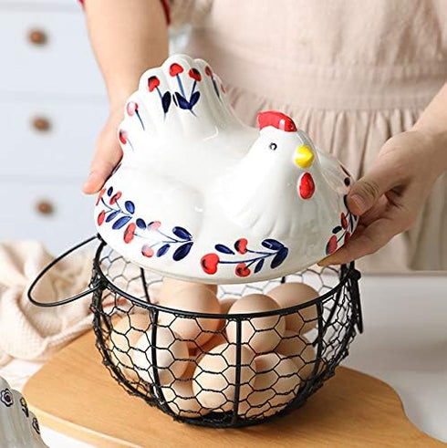 Chicken Design Ceramic Egg Storage Basket Iron Basket Holds 20-25 Eggs, Egg Holder, Organizer Case, Container Egg Basket Holder...