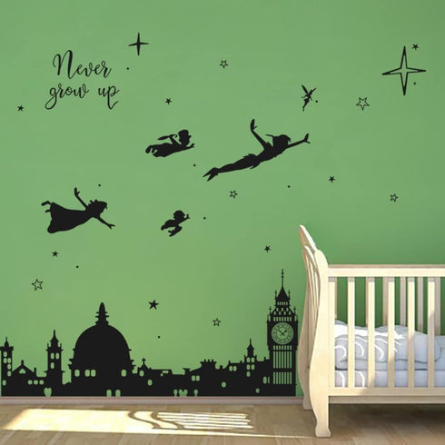 Runtoo Never Grow Up Nursery Wall Decals Quotes Big Ben Cityscape Wall Stickers for Kids Room Baby Bedroom Wall Decor...