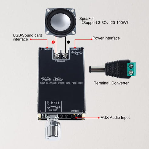 Bluetooth Amplifier Board, PEMENOL TWS DC 7-24V 100W Mono Audio Power Amplifier Module with Box Matching Function Support AUX/Bluetooth/USB for DI...