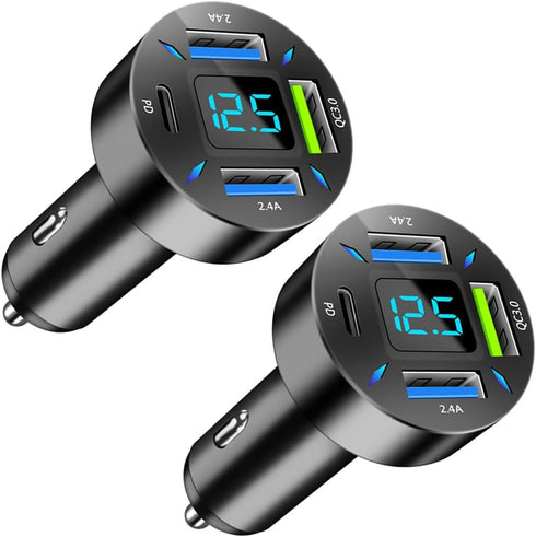 4 Ports USB Car Charger, 66W Super Fast Charging with QC 3.0, PD 20W and USB 2.4A Charger Adapter, Quick Charge with LED Voltmeter, Auto Cigarette...