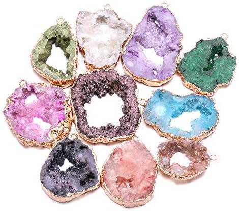 LE SKY natural stone pendant, irregular plated gold edge crystal agate stone pendant for jewelry making DIY necklace charms 25X30-35X45mm (2 Pcs)...