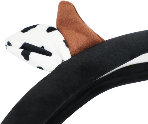Cow Plush Steering Wheel Cover Universal 15 in Cute Fuzzy Cow Horn Car Steering Wheel Cover Non-Slip Stretchy Cow Print Circular Steering Wheel Pr...
