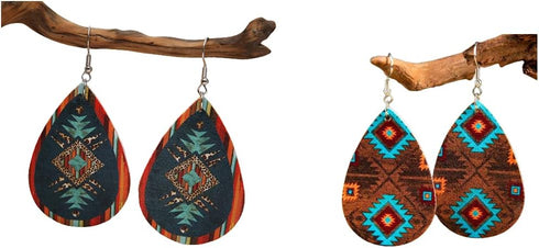 Western Cowboy Earrings Set Boho Aztec Pattern Leather Earrings for Women Boho Vintage Handmade Bohemian Turquoise Jewelry Cow Print Leather Teard...