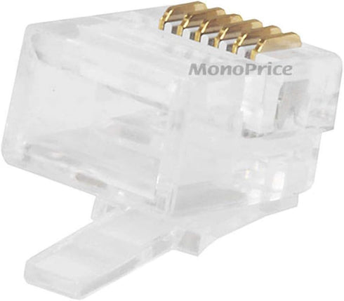 Monoprice 6P6C RJ12 Modular Plugs - For Flat Solid/Stranded Cable, 1u, 2 Prongs, 50 Pack, Clear...
