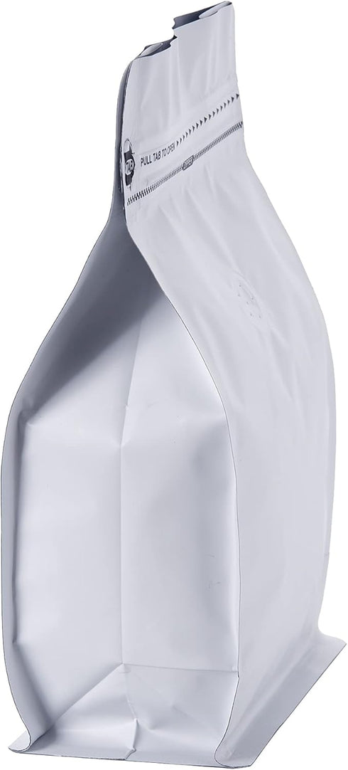 50 Count 8 Ounce Matt White Aluminum Foil Coffee Bags, Stand Up/Flat Bottom Side Gusset Coffee Pouches with Air Release Valve and Reusable Side Zi...