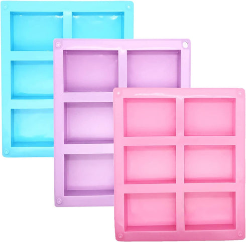 3 Pack Silicone Soap Molds - 6 Cavity Rectangle Molds for Craft Soap, Muffin, Loaf, Cornbread, Cake, Chocolate & Ice Cube Trays (Blue, Pink, Purpl...