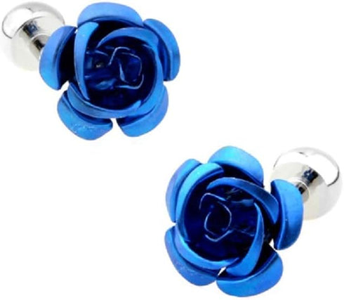 Rose Flower Blue Pair of Cufflinks in a Presentation Gift Box with a Polishing Cloth...