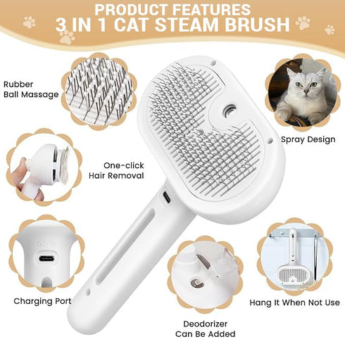 Cat Steam Brush,3 in 1 Pet Hair Removal Comb, Self-Cleaning Spray Cat Brush for Shedding,Steamy Pet Brush with Release Button and Tank - Suitable ...