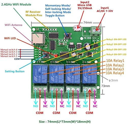 WiFi Wireless Inching Relay Monentary/Self-Locking Switch Module DIY Smart Home Remote Control DC 5-32V AC90-260V Ewelink App iOS/Andriod Compatib...