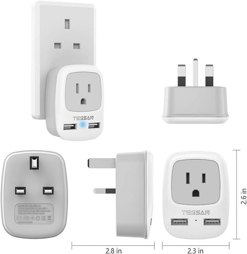 TESSAN UK Ireland Hong Kong Power Adapter, International Travel Plug with 2 USB, Type G Converter Outlet Adaptor Charger for USA to British Englan...