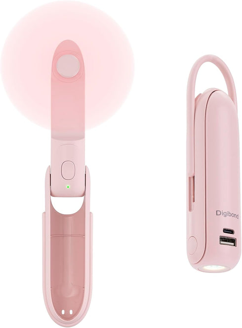 Pink Handheld Fan, Portable Fan Bullet Shape 3000mAh USB Rechargeable Battery Operate 6 IN 1 Personal Fan Foldable Lightweight Travel Essential wi...
