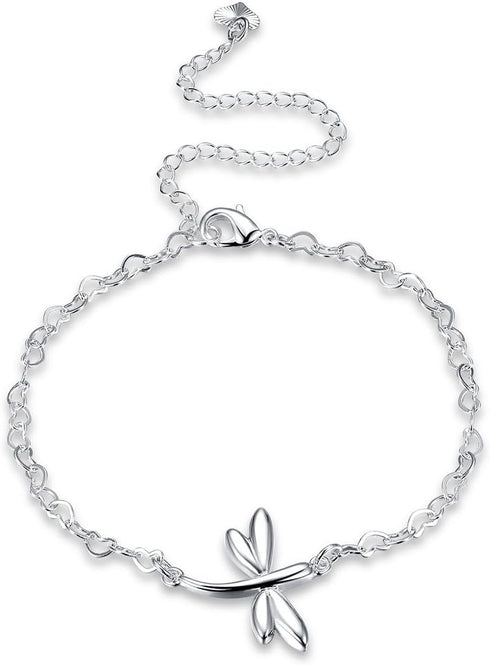 Fashion Jewelry 925 Sterling Silver Cute Dragonfly Heart Chain Anklet...