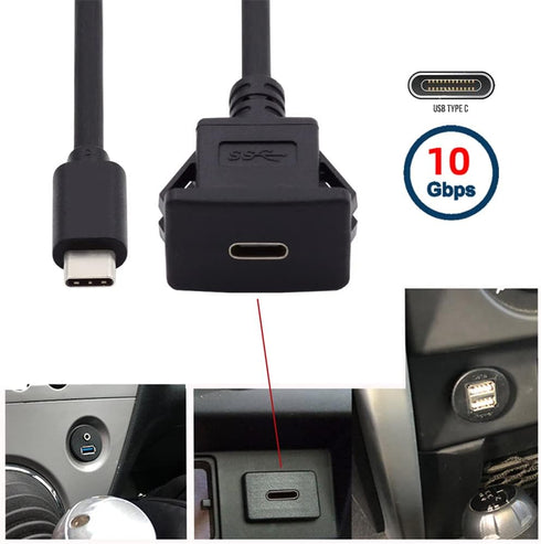 NFHK Waterproof Dustproof USB-C Type-C USB 3.1 10Gbps Extension Flush Car Latch Mount Extension Cable for Dashboard Panel...
