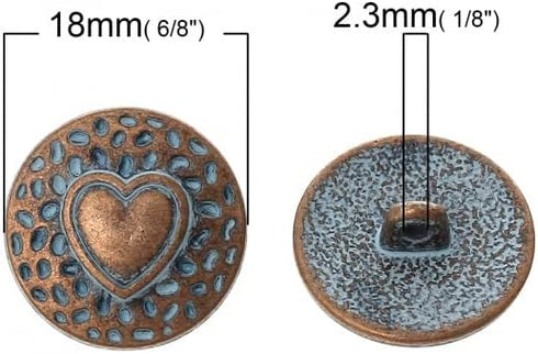 KARMELLING 10PC Metal Sewing Shank Buttons, Antiqued Copper Heart Carved Spray Painted Blue Round Button 18mm(6/8")...