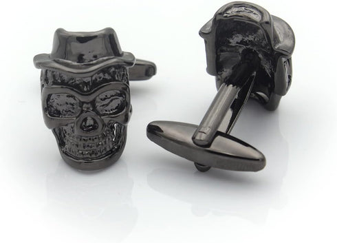 Mens Gun Black Vintage Skull Head with Hat Cross Bones Cufflinks for Wedding Business Cuff Links...