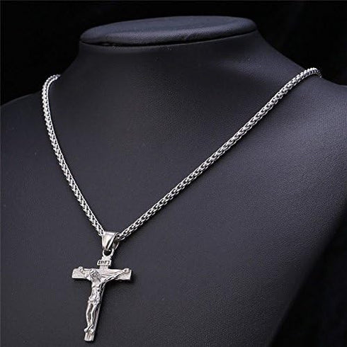 Stainless Steel Antique Cross Crucifix Pendant Jesus Necklace For Men 24 Inch (Silver)...