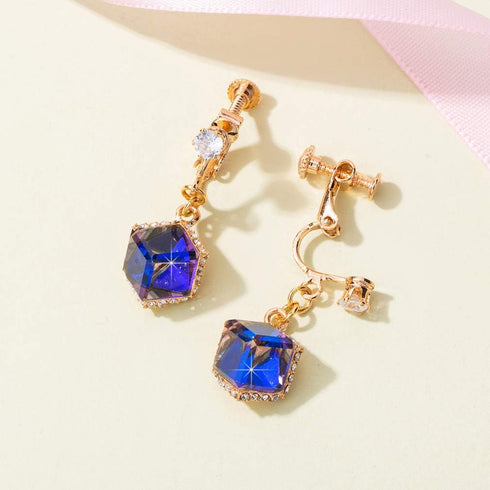 Cube Austrian Crystal Drop Clip On Dangle Earrings for Women Non Pierced 14K Rose Gold Plated Hypoallergenic Jewelry...