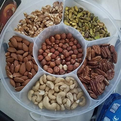 2 Pack - Candy and Nut Serving Container, Appetizer Tray with Lid, 6 Compartment Round Plastic Food Storage Lunch Organizer, Divided Christmas Ket...