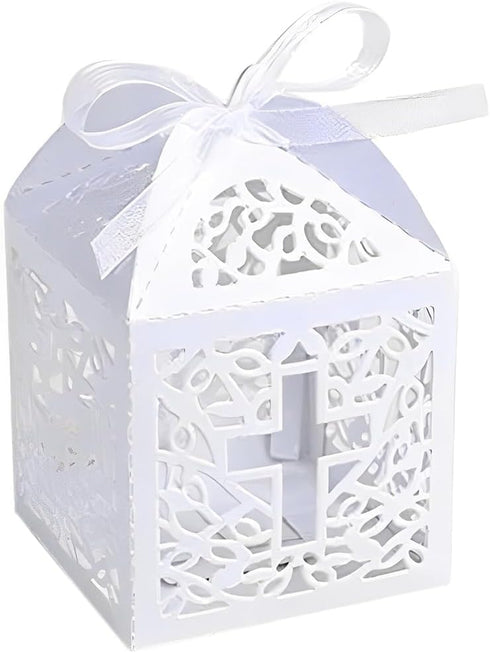 50PCS Baptism Favor Boxes, 2.2''x2.2''x2.2''Laser Cut Favor Boxes with 50 Ribbons for Baby Shower Favors Baptism Decorations First Communion Party...